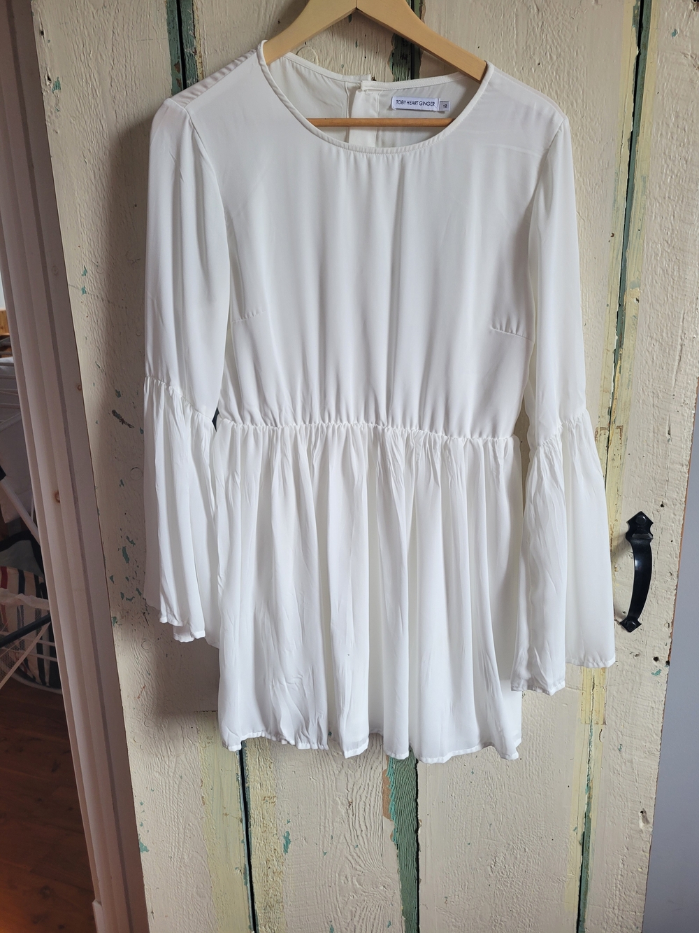 White Long-Sleeve Lined Peplum Dress with Bell Sleeves And Covered Button